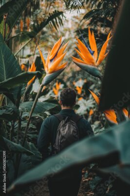 Papier peint  Tourist walking in botanical garden with strelitzia reginae flowers