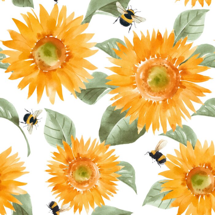 Papier peint  Tournesols aquarelle et abeilles