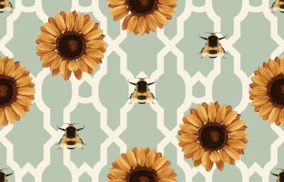 Papier peint  Tournesols et abeilles sur un fond abstrait