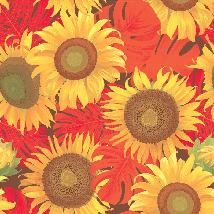 Papier peint  Tournesols et feuilles tropicales