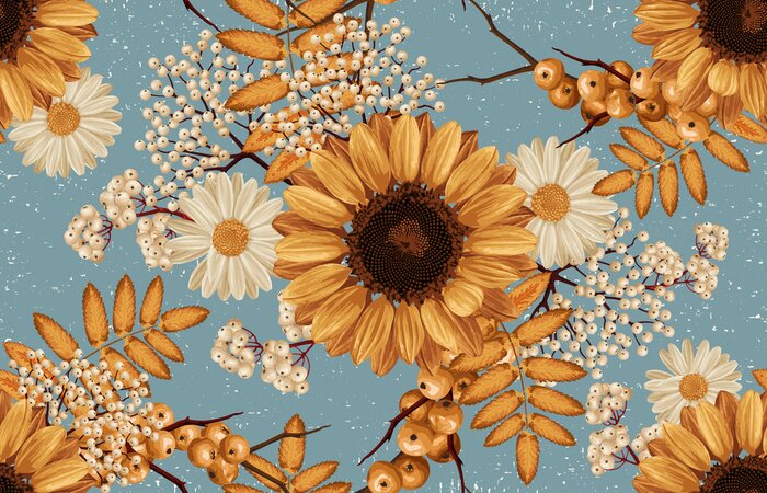 Papier peint  Tournesols et plantes sur fond bleu