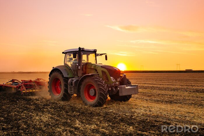 Papier peint  Tracteur dans un champ au coucher du soleil