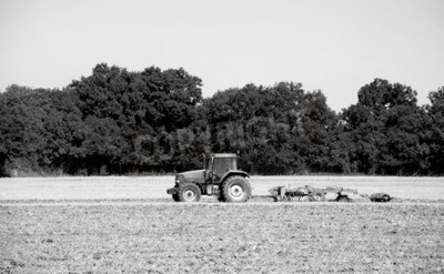 Papier peint  Tracteur et herse à disques briser le sol après la récolte dans un champ agricole - Kent, Angleterre - traitement monochrome