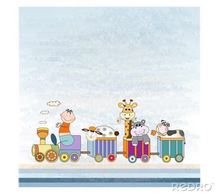 Papier peint  Train arc-en-ciel avec illustration pour enfants d'animaux