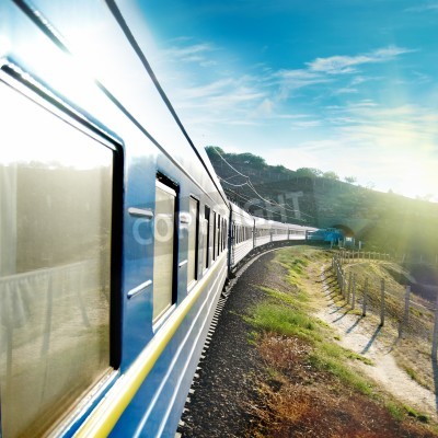 Papier peint  Train bleu avec un effet 3D