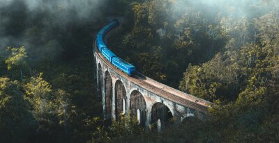 Papier peint  Train bleu sur un pont paysage