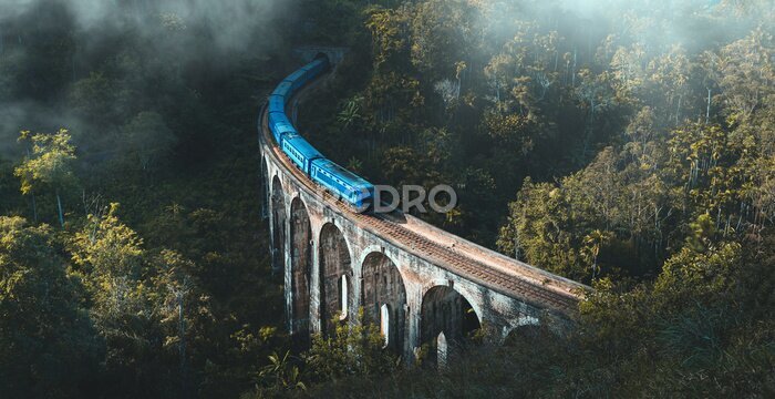 Papier peint  Train bleu sur un pont paysage
