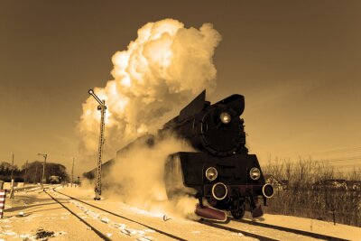 Papier peint  Train noir et paysage d'hiver