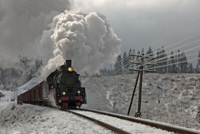 Papier peint  Train noir sur fond de la neige