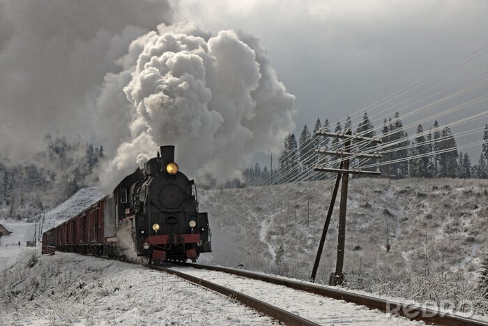 Papier peint  Train noir sur fond de la neige