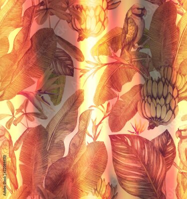 Papier peint  Transparente motif aquarelle avec hibiscus, feuilles de palmier, branche de strelitzia, calathea. Fond vintage tropique
