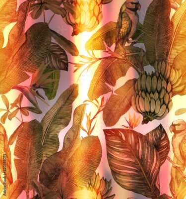 Papier peint  Transparente motif aquarelle avec hibiscus, feuilles de palmier, branche de strelitzia, calathea. Fond vintage tropique