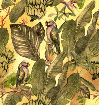 Papier peint  Transparente motif aquarelle avec hibiscus, feuilles de palmier, branche de strelitzia, calathea. Fond vintage tropique