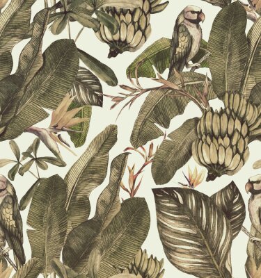 Papier peint  Transparente motif aquarelle avec hibiscus, feuilles de palmier, branche de strelitzia, calathea. Fond vintage tropique