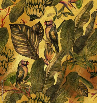 Papier peint  Transparente motif aquarelle avec hibiscus, feuilles de palmier, branche de strelitzia, calathea. Fond vintage tropique