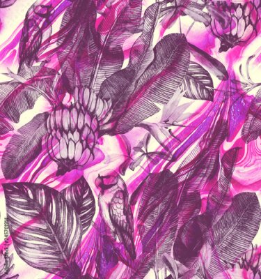 Papier peint  Transparente motif aquarelle avec hibiscus, feuilles de palmier, branche de strelitzia, calathea.Tropic background