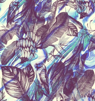 Papier peint  Transparente motif aquarelle avec hibiscus, feuilles de palmier, branche de strelitzia, calathea.Tropic background