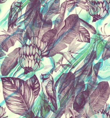 Papier peint  Transparente motif aquarelle avec hibiscus, feuilles de palmier, branche de strelitzia, calathea.Tropic background