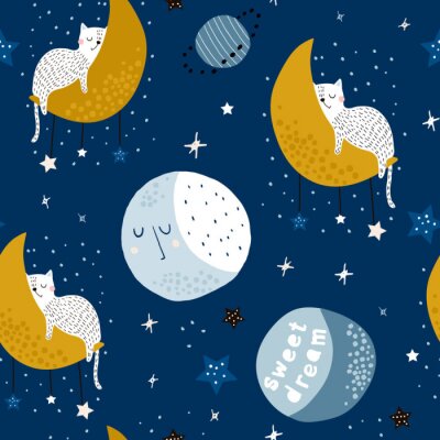 Transparente motif enfantin avec des chats sur les lunes et le ciel étoilé. Texture créative d'enfants pour le tissu, l'emballage, le textile, le papier peint, l'habillement. Illustration vectorielle