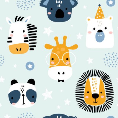 Transparente motif enfantin avec des visages d'animaux drôles. Texture scandinave créative d'enfants pour le tissu, l'emballage, le textile, le papier peint, l'habillement. Illustration vectorielle