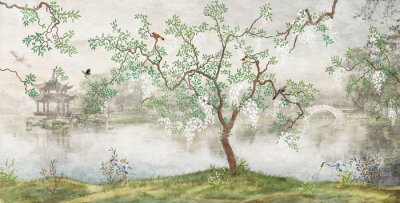Papier peint  Tree by the lake. Misty landscape. Tree with birds in the Japanese garden. the mural, Wallpaper for interior printing