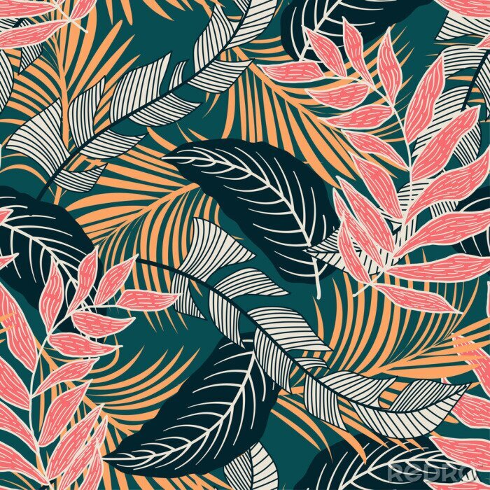 Papier peint  Trend seamless pattern with colorful tropical leaves and plants on green background. Vector design. Jungle print. Flowers background. Printing and textiles. Exotic tropics. Fresh design.