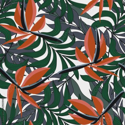 Papier peint  Trend seamless pattern with tropical leaves and strelitzia. Beautiful exotic plants. Jungle leaf seamless vector floral pattern background. Modern abstract design for fabric, paper.