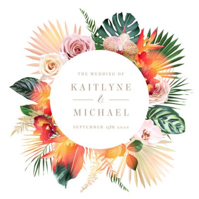 Papier peint  Trendy dried and green palm leaves, pale rose, exotic orchid, strelitzia, monstera