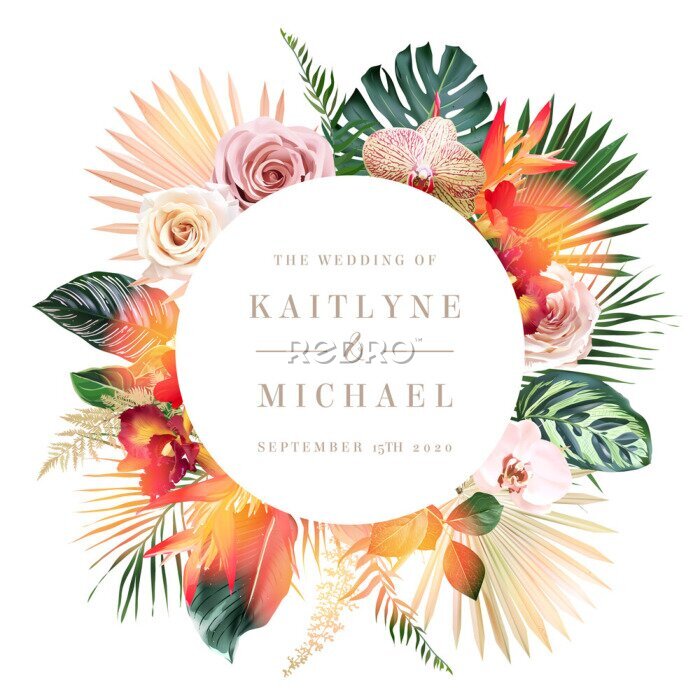 Papier peint  Trendy dried and green palm leaves, pale rose, exotic orchid, strelitzia, monstera