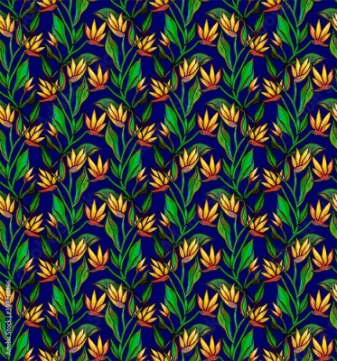 Papier peint  Trendy floral pattern with painted tropical African Strelitzia flower. Very colorful seamless illustration, hand drawn botanical pattern for fabrics