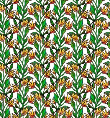 Papier peint  Trendy floral pattern with painted tropical African Strelitzia flower. Very colorful seamless illustration, hand drawn botanical pattern for fabrics