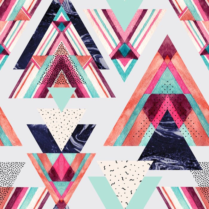 Papier peint  Triangles avec ornement aztèque, aquarelle, doodle, textures de marbre noir.