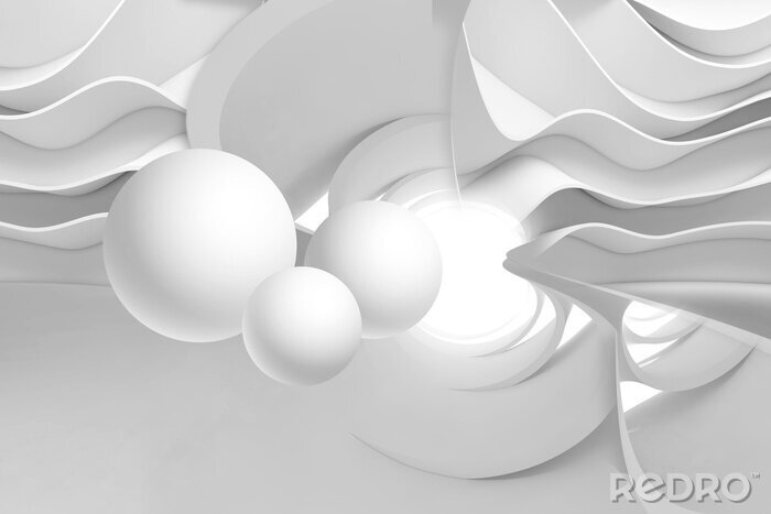 Papier peint  Trois boules en trois dimensions dans un tunnel blanc