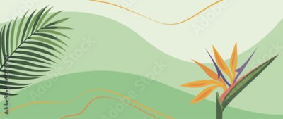 Papier peint  Tropical abstract background of hand drawn strelitzia flower and palm leaf. Vector botanical illustration for banner, poster, Web and packaging.  