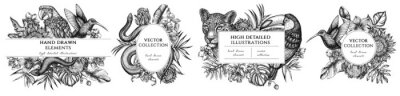 Papier peint  Tropical animals hand drawn frame templates. Vintage illustrations of leopard, snake, lizard, hummingbird, toucan, scarlet macaw, monstera, banana palm leaves, strelitzia, tropical palm leaves, orchid
