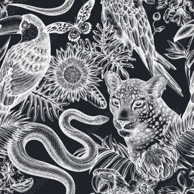 Papier peint  Tropical animals seamless pattern background design. Engraved style. Hand drawn leopard, snake, toucan, scarlet macaw, african giant swallowtail, monstera, strelitzia, tropical palm leaves, orchid
