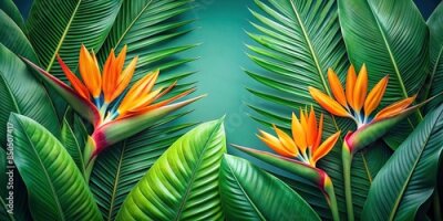 Papier peint  Tropical background of lush palm leaves and vibrant strelitzia flowers, tropical, background, palm leaves, strelitzia, flower