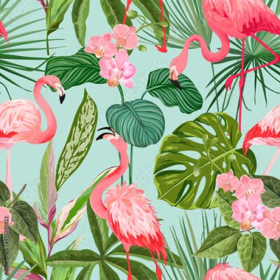 Papier peint  Tropical Background with Flamingo and Palm Leaves. Green Plants Paper or Textile Print, Rainforest Decorative Wallpaper Ornament. Seamless Pattern, Exotic Tropic Wrapping Paper. Vector Illustration