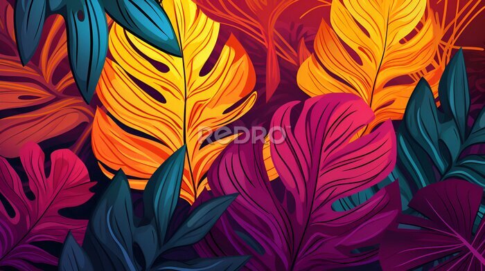 Papier peint  Tropical background with leaves. Modern colorful tropical floral pattern. Botanical abstract pattern with tropical exotic monstera and palm leaves. Ornament for fabric, wallpaper, posters. AI