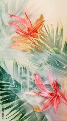 Papier peint  Tropical background with palm and strelitzia leaves creating exotic atmosphere