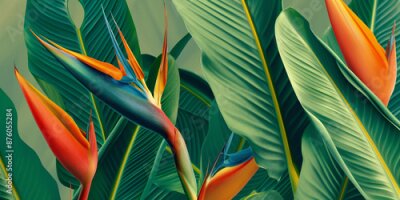Papier peint  Tropical bird of paradise flowers or Strelitzia with vibrant green leaves concept. Flower background with copy space