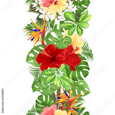 Papier peint  Tropical border seamless background Bouquet with tropical flowers pink and yellow hibiscus and Strelitzia  and Sansevieria palm,philodendron and ficus vintage vector illustration  greeting card