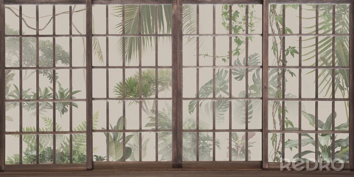 Papier peint  Tropical botanical garden outside the window. Jungle behind panoramic windows. Great choise for wallpaper, photo wallpaper, murals, cards, postcards. Design for modern and loft interiors.