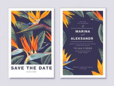 Papier peint  Tropical botanical wedding or party invitation card. Template design with flowers - Strelitzia, South African plant, called crane flower. Modern, realistic style, hand drawn Save the Date card, vector
