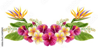 Papier peint  Tropical bouquet. Hand drawn watercolor painting with hibiscus flowers, strelitzia, frangipani and leaves isolated on white background. Floral summer composition.