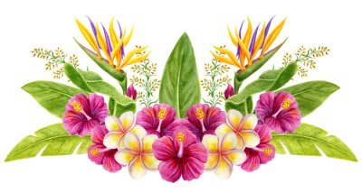 Papier peint  Tropical bouquet. Hand drawn watercolor painting with hibiscus flowers, strelitzia, frangipani and palm leaves isolated on white background. Floral summer composition.