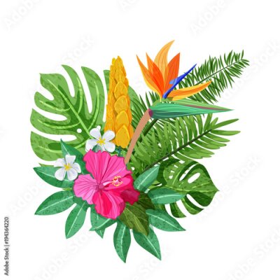 Papier peint  Tropical bouquet with exotic flowers hibiscus, plumeria, strelitzia and palm, monstera leaves. Vector isolated illustration. Summer or spring design elements for fashion prints and greeting cards.