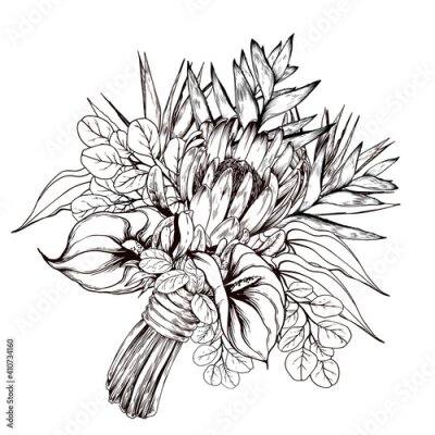 Papier peint  Tropical bouquet with strelitzia, protea and flamingo flowers.