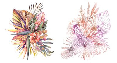 Papier peint  Tropical bouquets with exotic protea flowers, strelitzia, hibiscus and palm leaves.