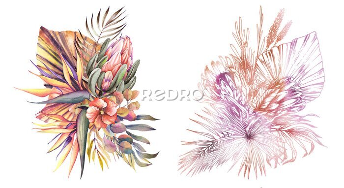 Papier peint  Tropical bouquets with exotic protea flowers, strelitzia, hibiscus and palm leaves.
